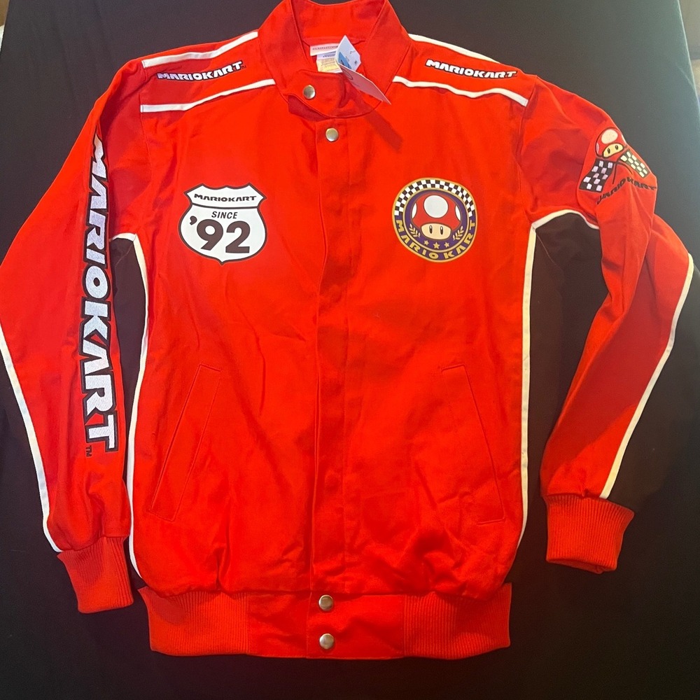 Nintendo Mario Kart Racing Bomber Jacket Red Snap Front Embroidered